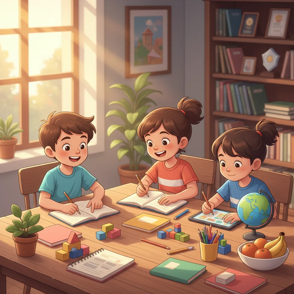 : anak-anak sedang belajar bersama di meja dengan buku dan alat tulis, suasana cerah dan menyenangkan